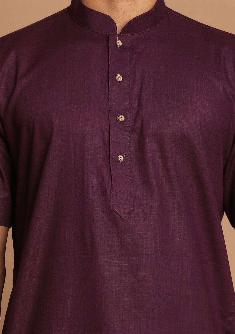 Purple Solid Poly Blend Kurta Set For Men