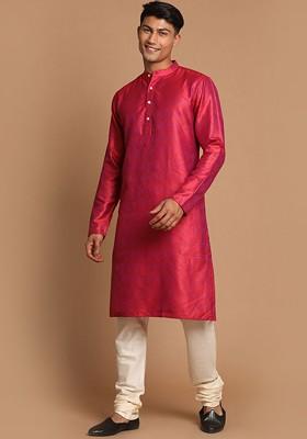 Red Solid Poly Blend Kurta Set For Men