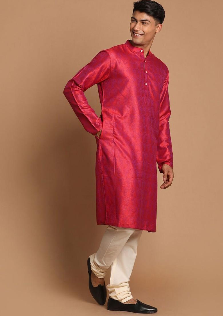 Red Solid Poly Blend Kurta Set For Men