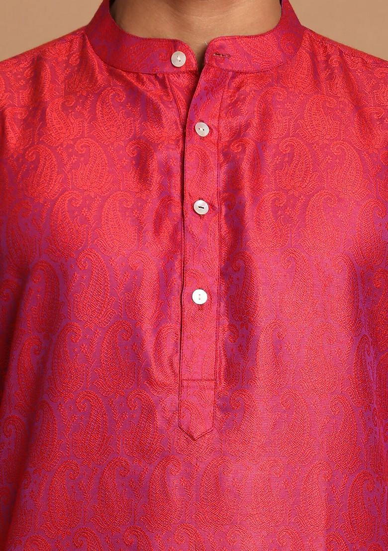 Red Solid Poly Blend Kurta Set For Men