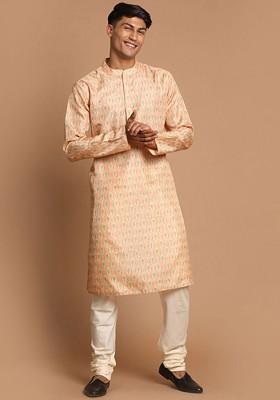 Pink Floral Print Poly Blend Kurta Set For Men