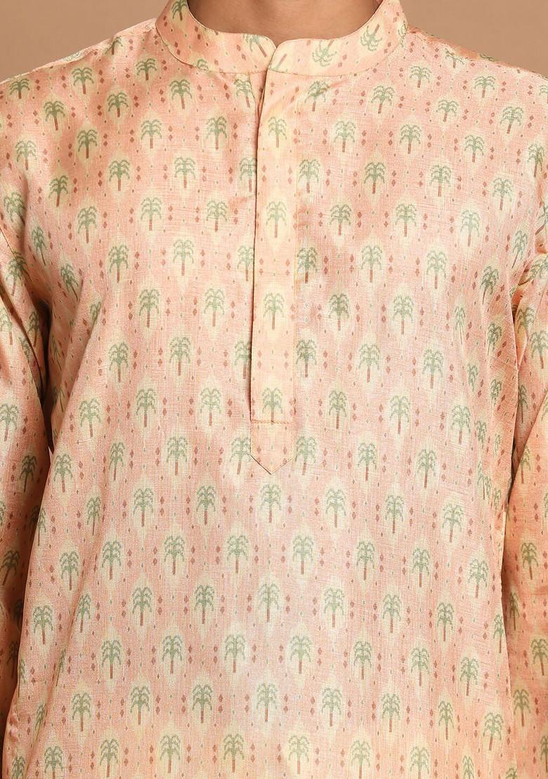 Pink Floral Print Poly Blend Kurta Set For Men