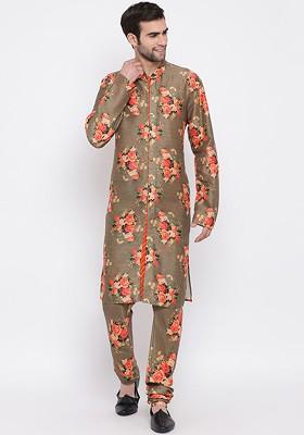 Brown Floral Print Poly Blend Kurta Set For Men