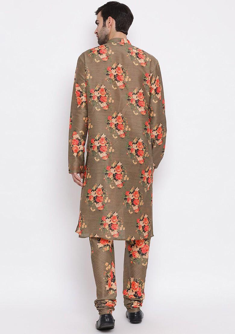 Brown Floral Print Poly Blend Kurta Set For Men