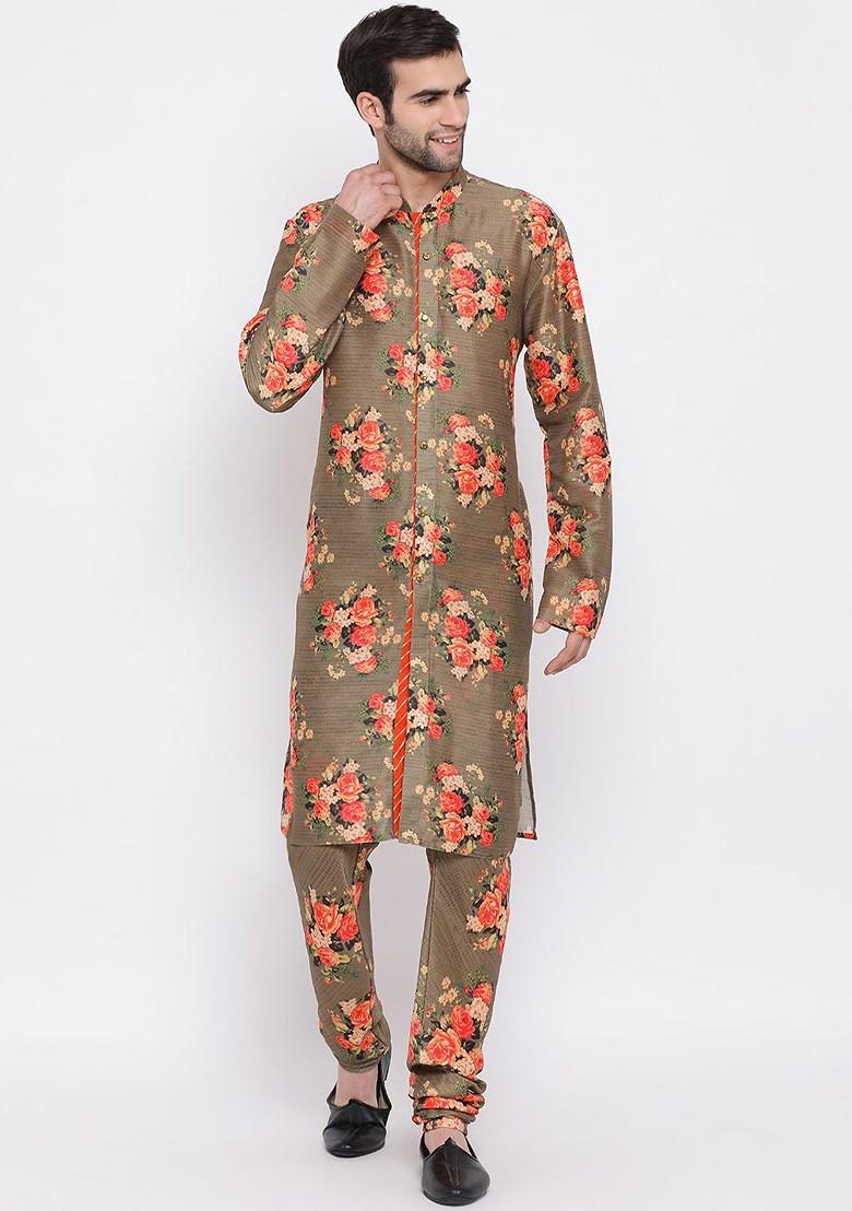 Brown Floral Print Poly Blend Kurta Set For Men
