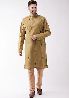 Camel Brown Embroidered Poly Blend Kurta Set For Men