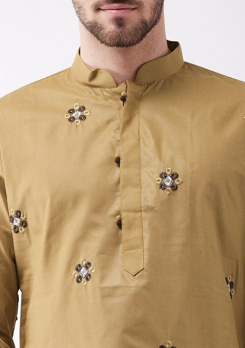 Camel Brown Embroidered Poly Blend Kurta Set For Men