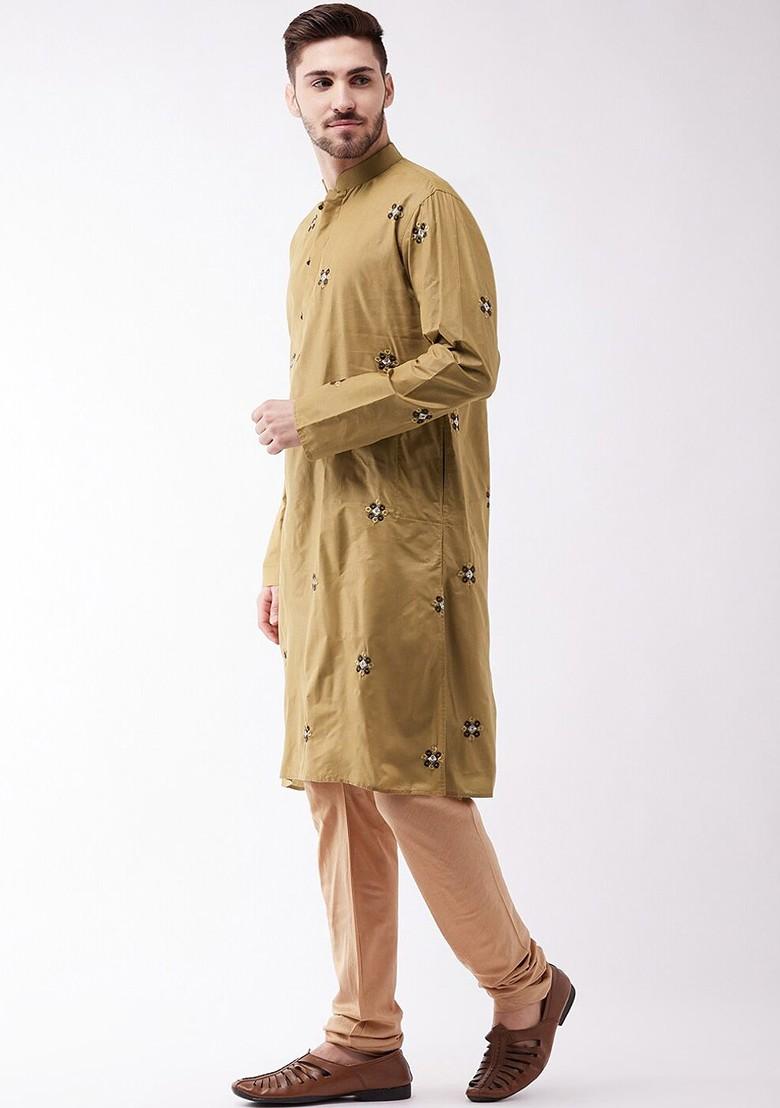 Camel Brown Embroidered Poly Blend Kurta Set For Men