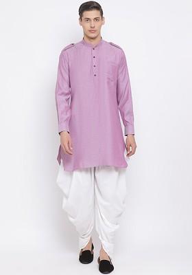 Purple Solid Poly Blend Kurta Set For Men