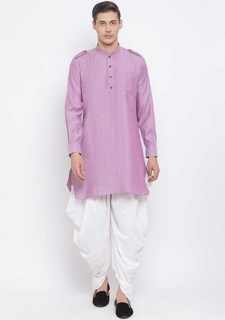 Purple Solid Poly Blend Kurta Set For Men