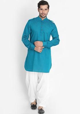 Turquoise Blue Solid Pathani Kurta Set For Men