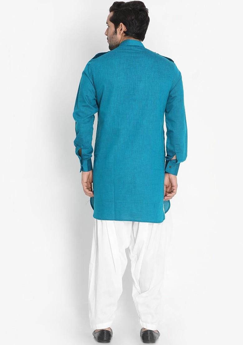 Turquoise Blue Solid Pathani Kurta Set For Men