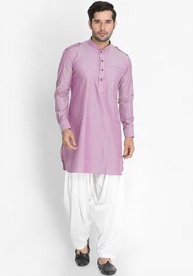 Purple Solid Poly Blend Kurta Set For Men