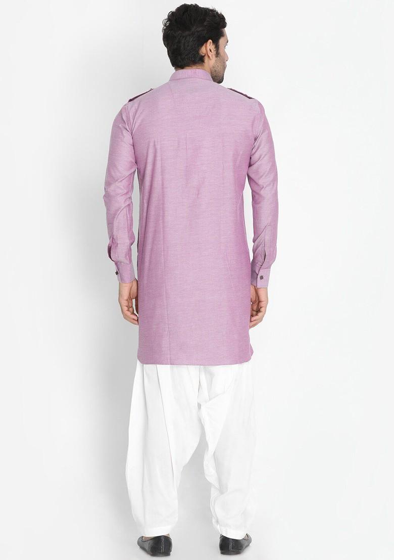 Purple Solid Poly Blend Kurta Set For Men