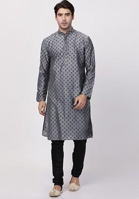 Grey Ethnic Motifs Poly Blend Kurta Set For Men