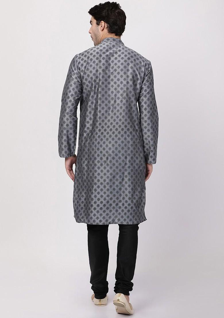 Grey Ethnic Motifs Poly Blend Kurta Set For Men