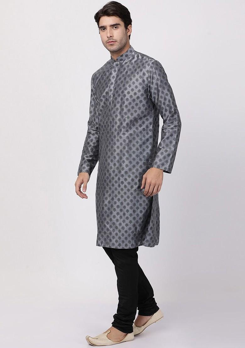 Grey Ethnic Motifs Poly Blend Kurta Set For Men