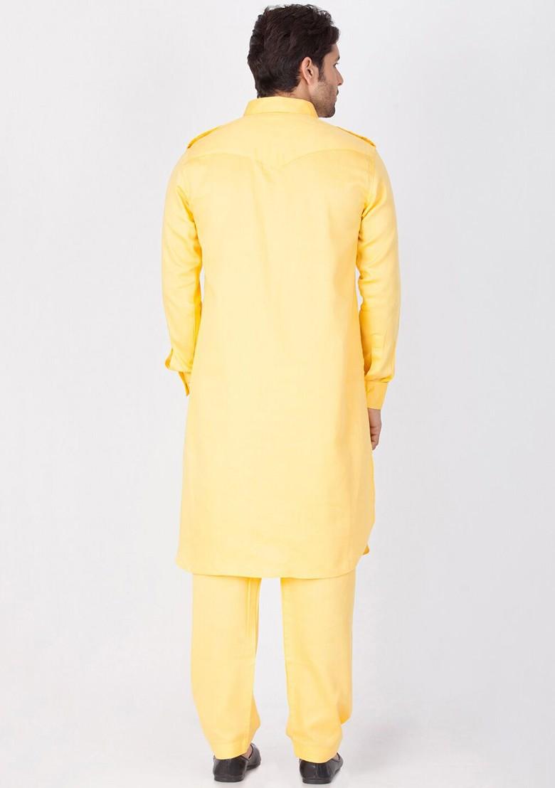 Yellow Solid Poly Blend Kurta Set For Men