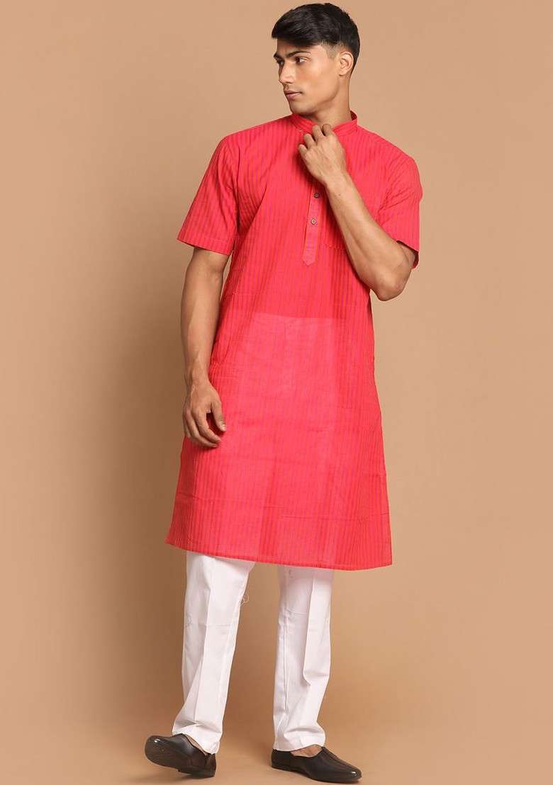 Pink Solid Cotton Kurta Set For Men - Indya