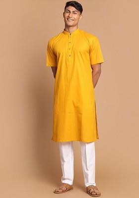 Mustard Solid Poly Blend Kurta Set For Men