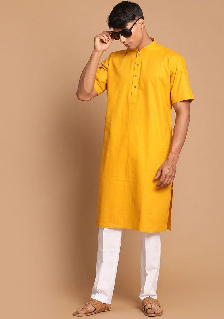 Mustard Solid Poly Blend Kurta Set For Men