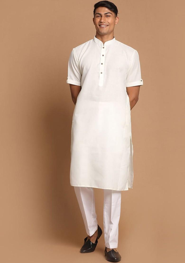 Cream Solid Poly Blend Kurta Set For Men