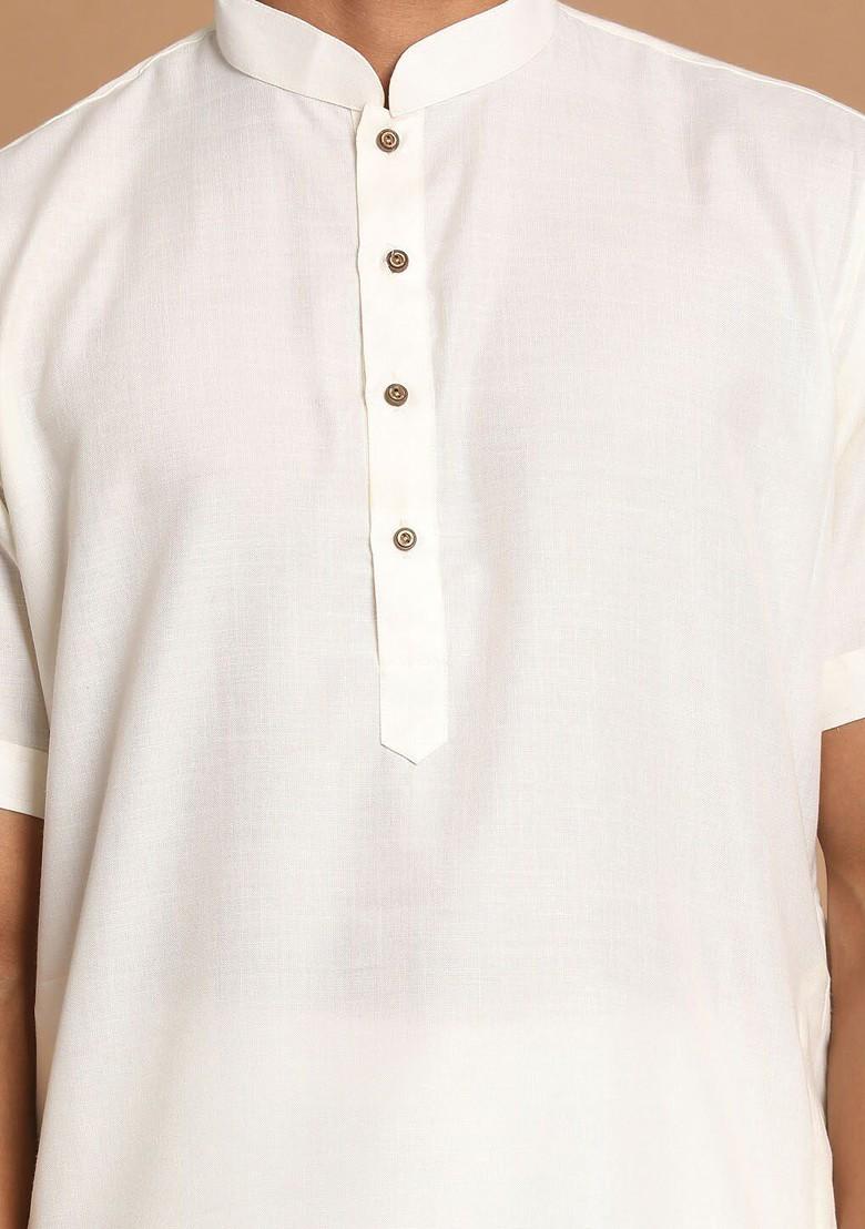 Cream Solid Poly Blend Kurta Set For Men