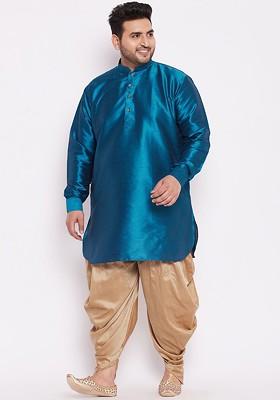 Turquoise Blue Solid Poly Blend Kurta Set For Men