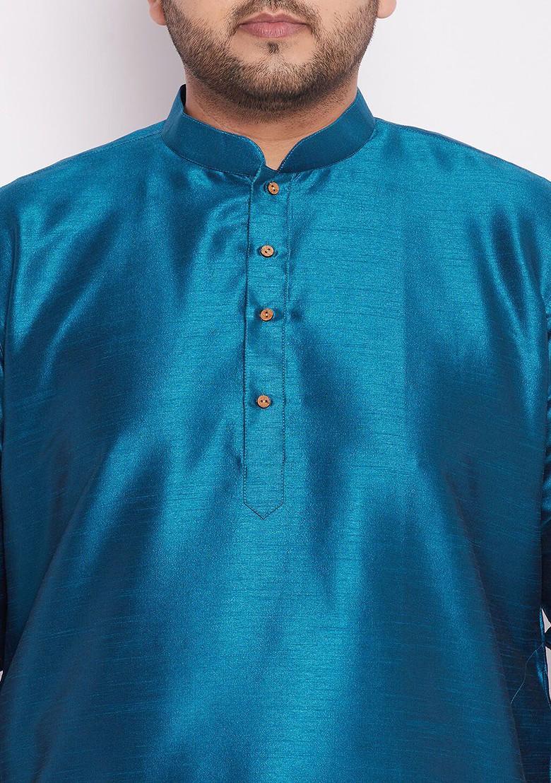 Turquoise Blue Solid Poly Blend Kurta Set For Men