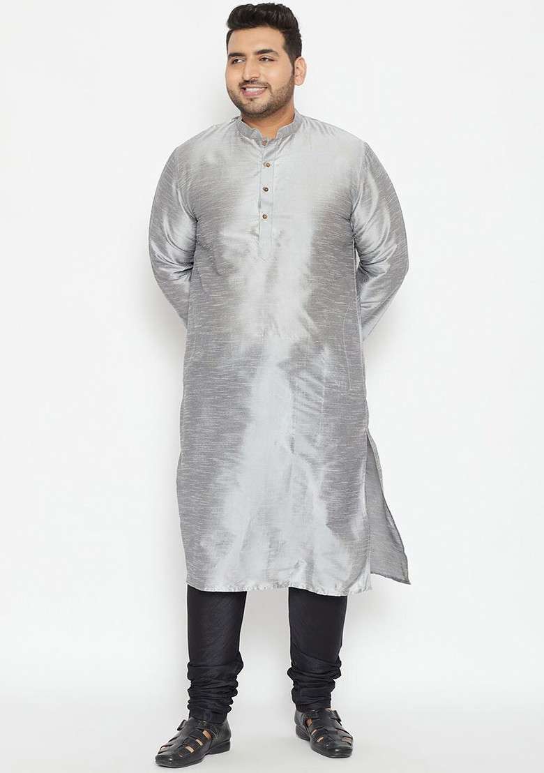Grey Solid Poly Blend Kurta Set For Men - Indya