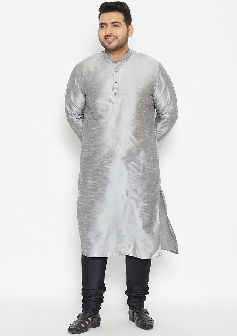 Grey Solid Poly Blend Kurta Set For Men