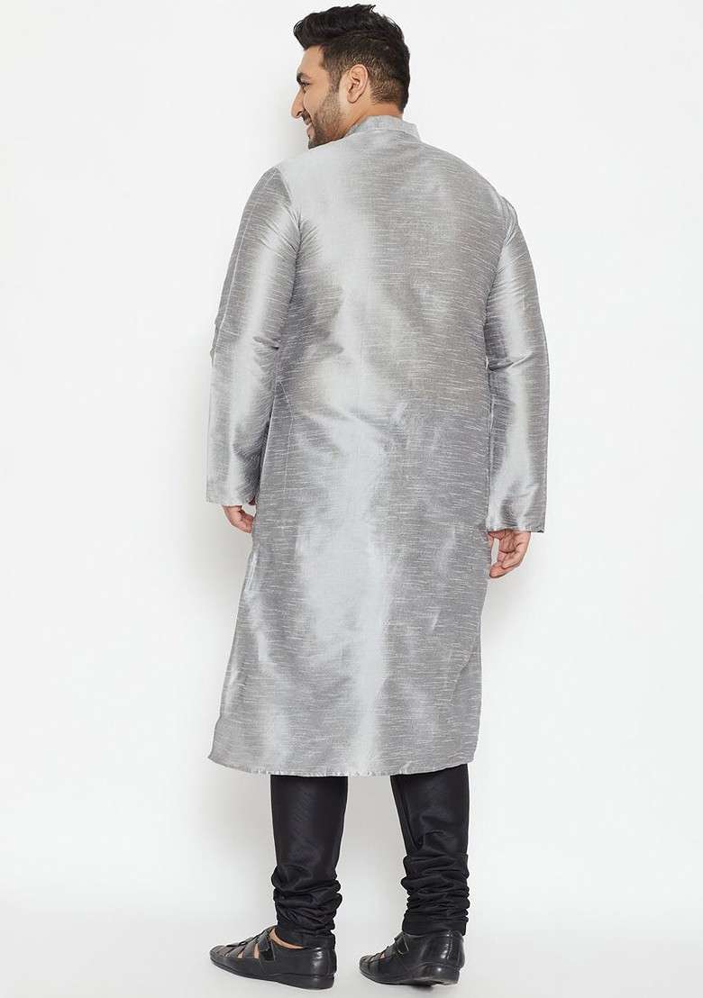 Grey Solid Poly Blend Kurta Set For Men - Indya