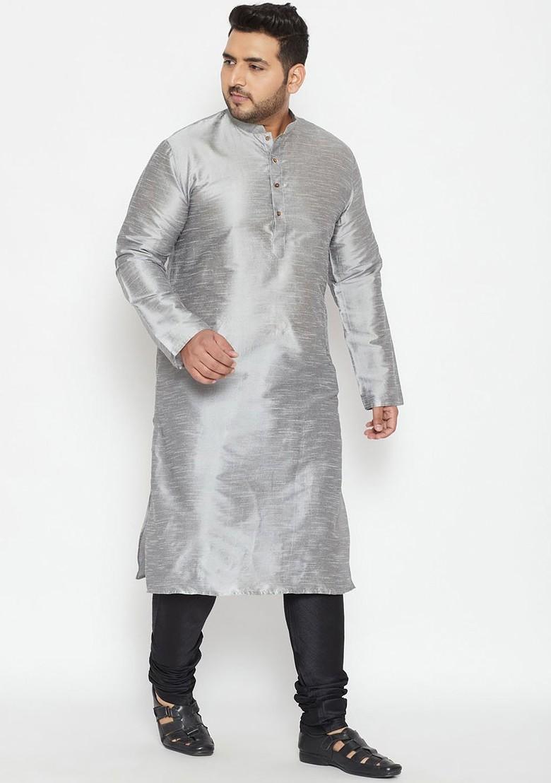 Grey Solid Poly Blend Kurta Set For Men