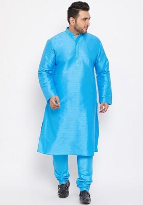 Blue Solid Poly Blend Kurta Set For Men