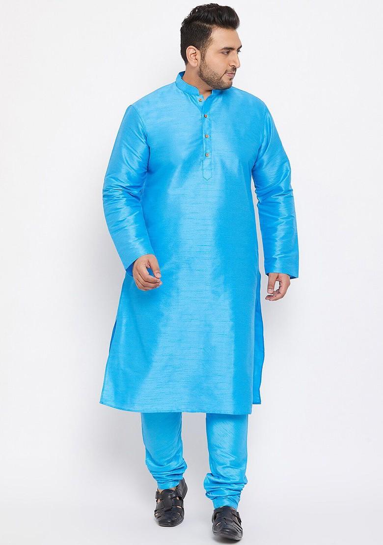 Blue Solid Poly Blend Kurta Set For Men