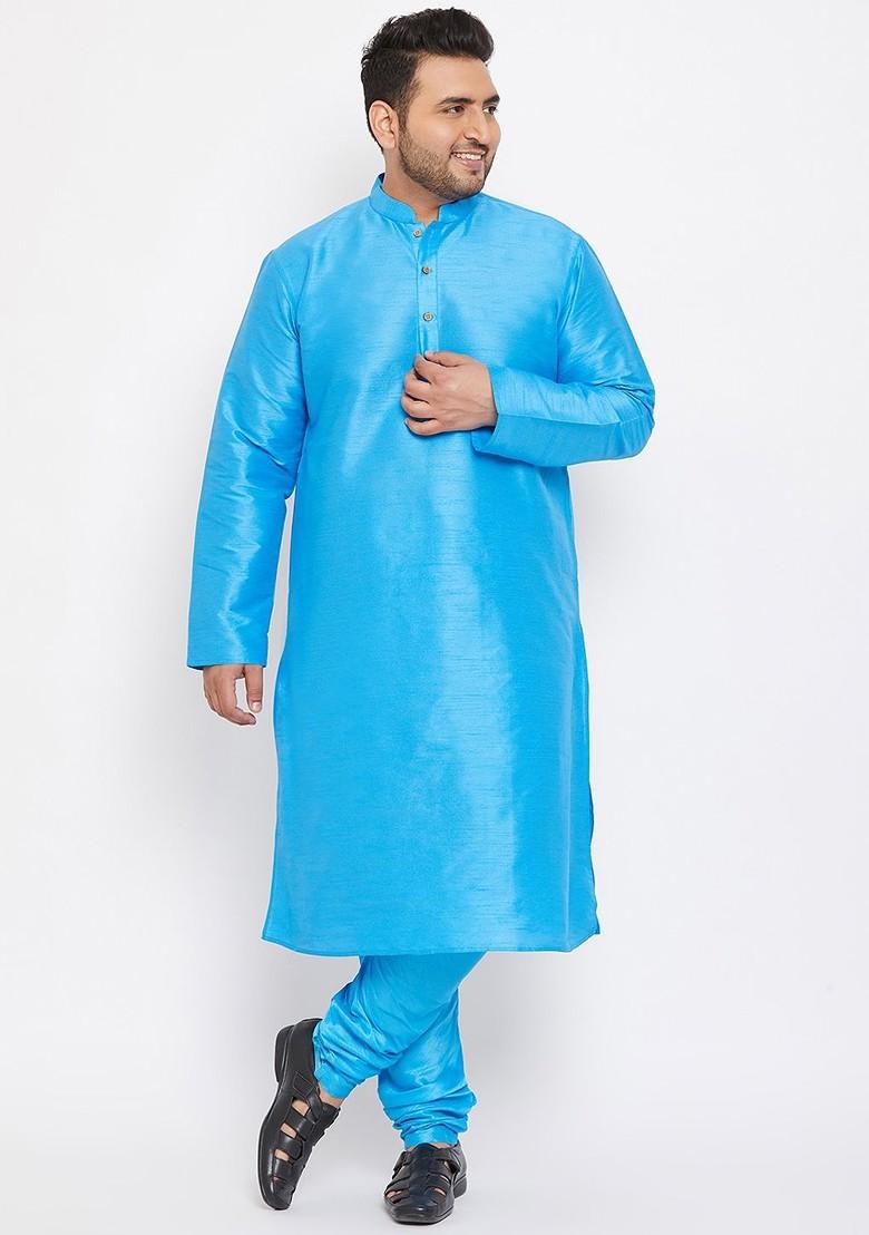 Blue Solid Poly Blend Kurta Set For Men