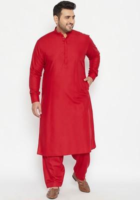 Maroon Solid Poly Blend Kurta Set For Men