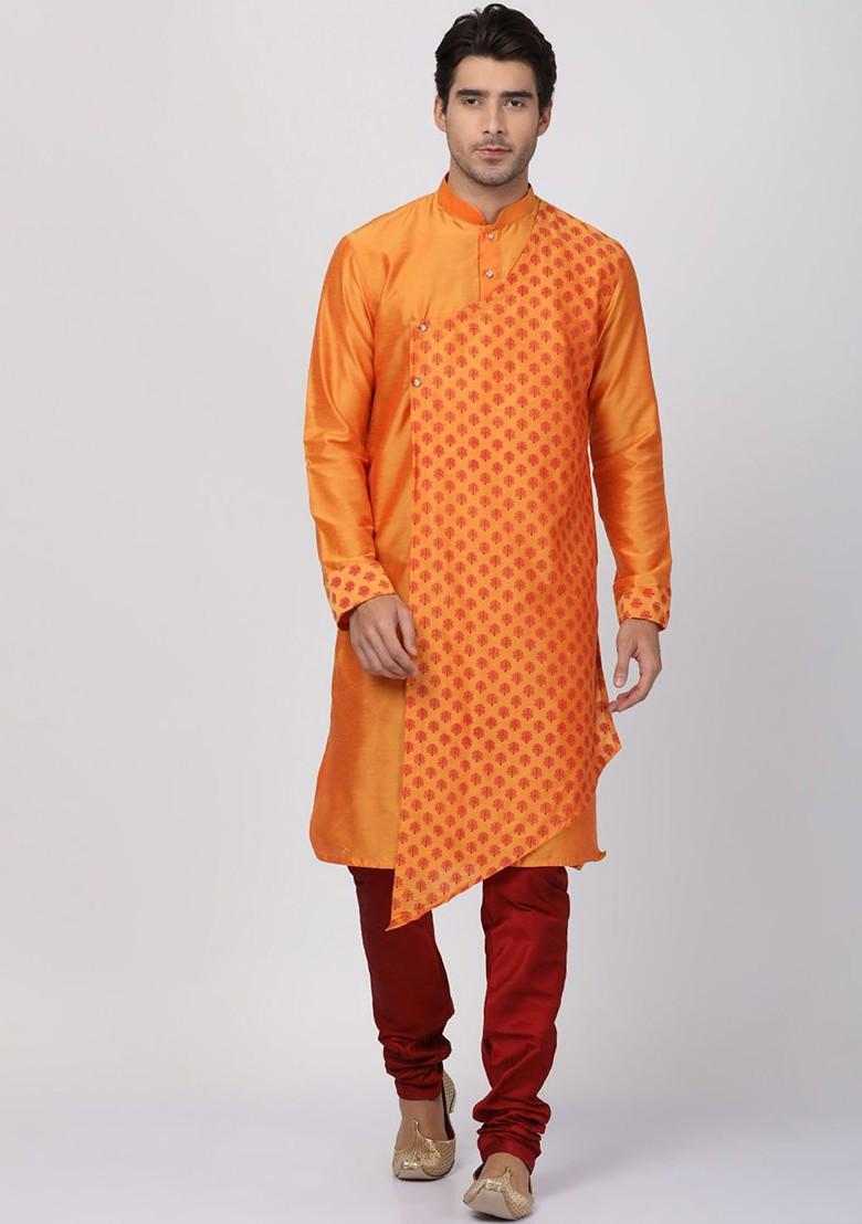 Orange Ethnic Motifs Poly Blend Kurta Set For Men