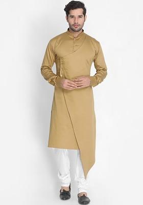 Brown Solid Poly Blend Kurta Set For Men