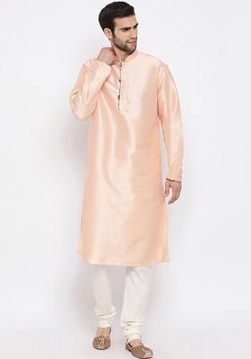 Peach Solid Poly Blend Kurta Set For Men