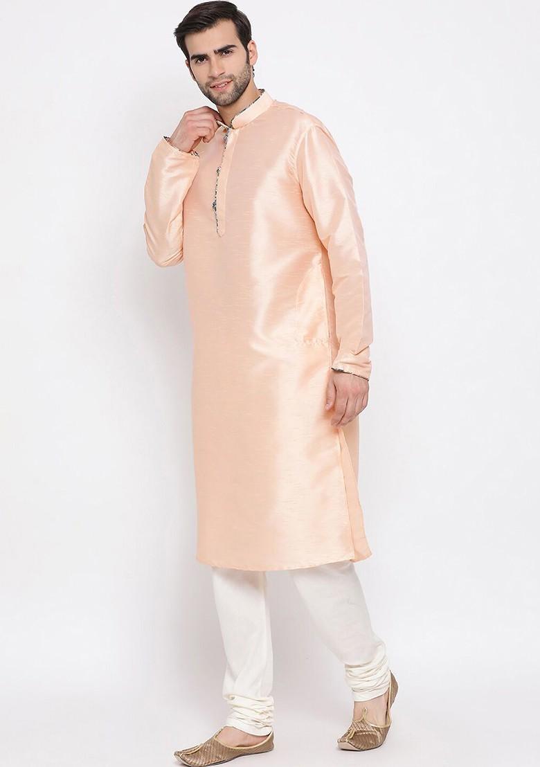 Peach Solid Poly Blend Kurta Set For Men