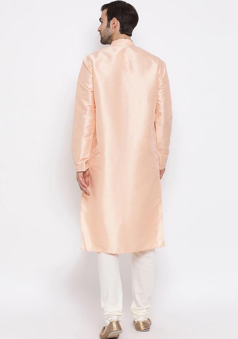 Peach Solid Poly Blend Kurta Set For Men