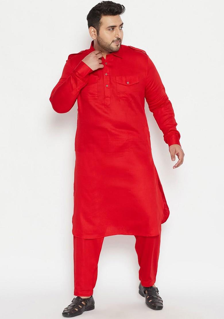 Red Solid Pathani Kurta Set For Men