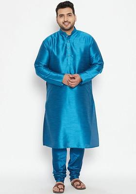 Turquoise Blue Solid Poly Blend Kurta Set For Men