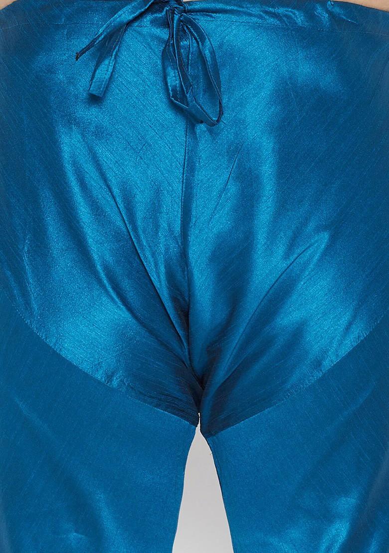 Turquoise Blue Solid Poly Blend Kurta Set For Men