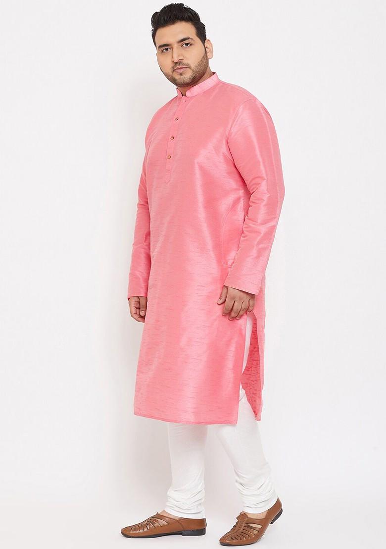 Pink Solid Silk Kurta Set For Men