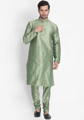 Green Solid Poly Blend Kurta Set For Men