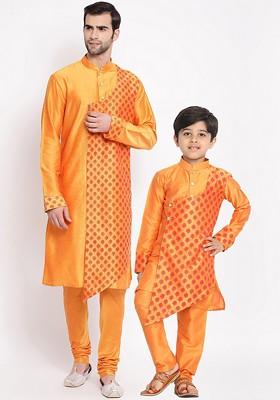 Orange Ethnic Motifs Poly Blend Kurta Set For Men