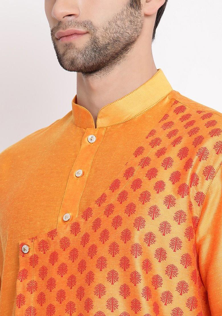 Orange Ethnic Motifs Poly Blend Kurta Set For Men