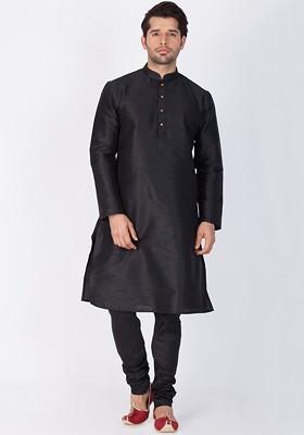 Black Solid Poly Blend Kurta Set For Men